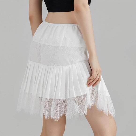 Women Lace Ruffle Mini White Skirt Pleated Sexy Waist Layered Flowy Slip Skirt - Picture 6 of 7